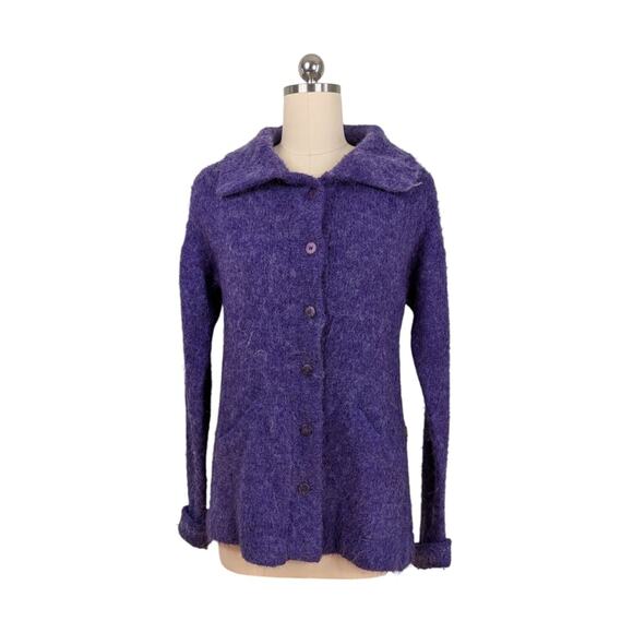Peruvian Trading Company Cardigan Sweater M L Purple Fuzzy Collared Work Winter - Picture 2 of 10